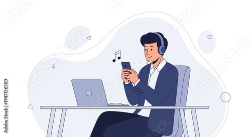 Man in suit listening to music on phone at desk with laptop, modern illustration