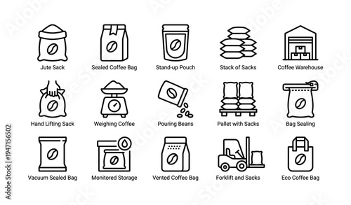 Coffee packaging icons: storage, sealing, and transportation symbols