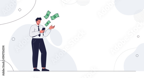 Man in suit throwing money in the air, holding phone, financial success concept