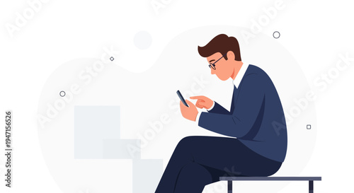 Man in Suit Using Smartphone Sitting on Bench, Modern Flat Illustration
