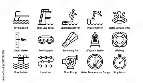 Diving equipment and pool icons: board, tower, goggles, lifebuoy, stopwatch