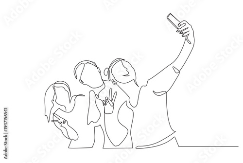 three happy smiling women friends group selfie mobile phone one line art design
