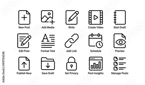 Social media icons set: post creation, management, and publishing tools