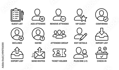 Guest management icons: attendee, vip, check-in, invitation, export