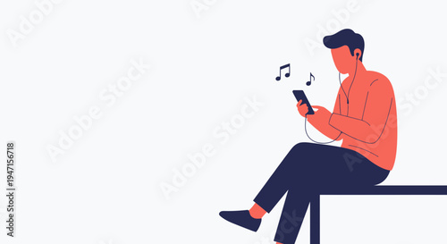 Man Listening to Music on Smartphone with Earphones, Enjoying Sound