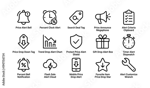 Collection of icons for alerts and notifications including price, trends, and time management