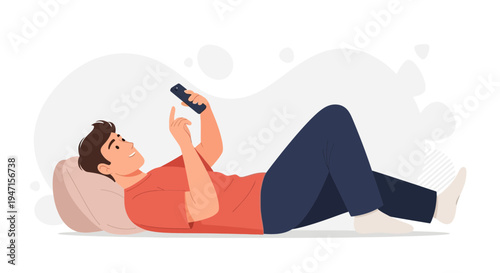 Man Lying Down Relaxing with Smartphone, Casual Lifestyle Illustration