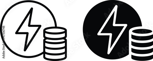 Energy coin icon outline and filled black on white background electricity lightning bolt