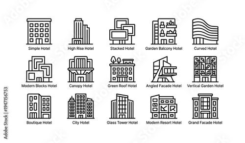 Collection of modern hotel line icons featuring various architectural styles