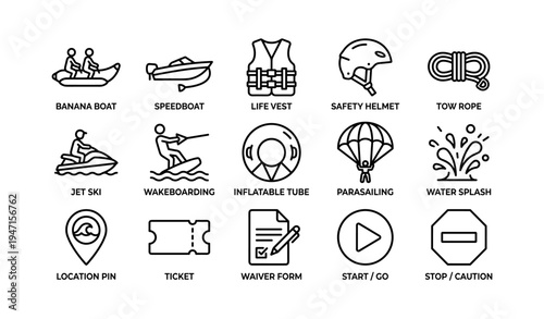Watersport adventure icons featuring equipment and safety gear