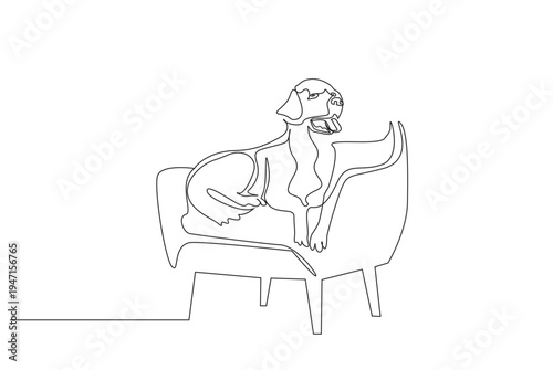 cute dog sitting calmly at home relaxing one line art design
