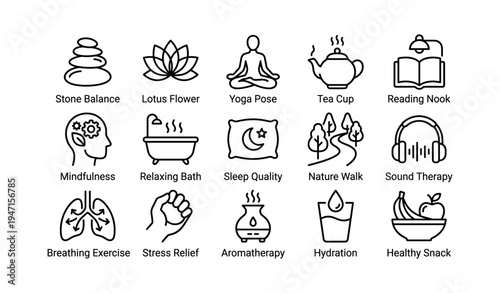 Icons representing various mindfulness and wellness activities and concepts
