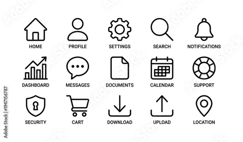 Set of 15 minimalistic user interface icons for web and mobile apps