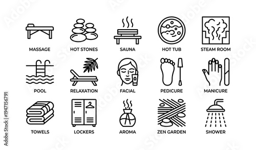 Spa and wellness icons featuring massage, sauna, facial, and relaxation elements