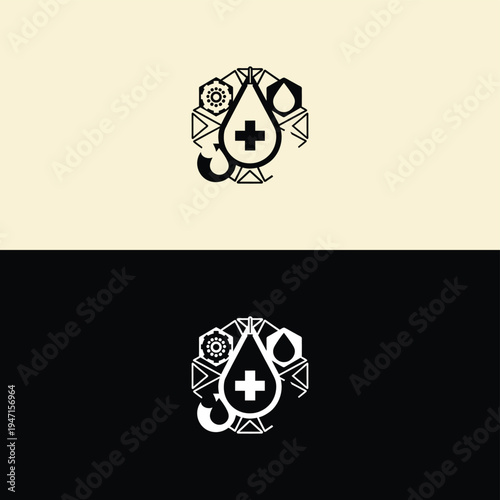 A dynamic monochromatic emblem featuring a central blood drop with a cross, encircled by flowing abstract shapes and arrows.