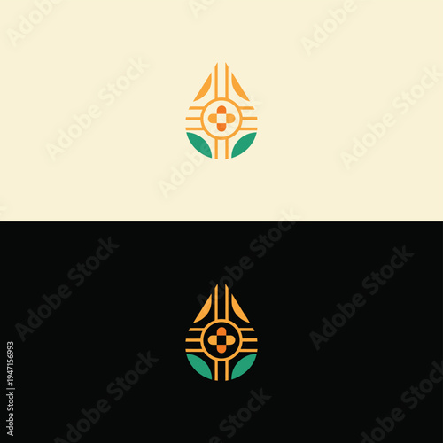 A vibrant teardrop logo in orange and green, featuring a stylized cross and radiating lines, symbolizing organic health and natural care.