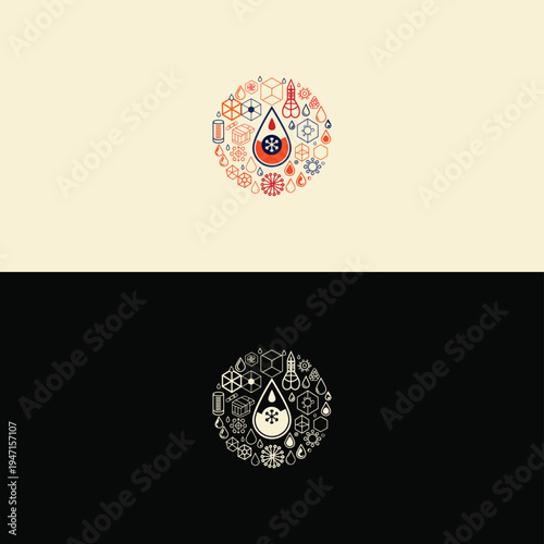 A vibrant circular cluster of diverse scientific icons surrounding a colorful central liquid drop with an icy snowflake.