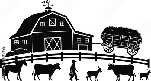 Black vector silhouette of a rural farm landscape featuring a large barn, hay wagon, wooden fence, farmer, and various livestock.