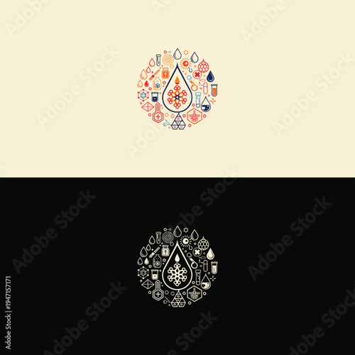 An energetic circular compilation of colorful scientific and medical icons orbiting a central liquid drop with a complex cellular form.