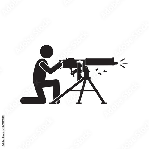 Stick Figure Soldier Operating Machine Gun on Tripod.