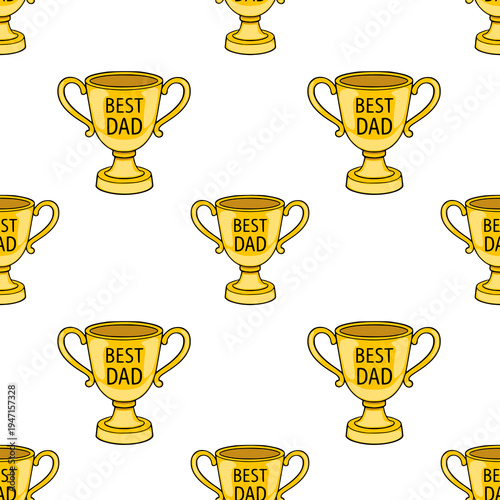 Seamless pattern of golden "Best Dad" trophy illustrations on a white background, vector
