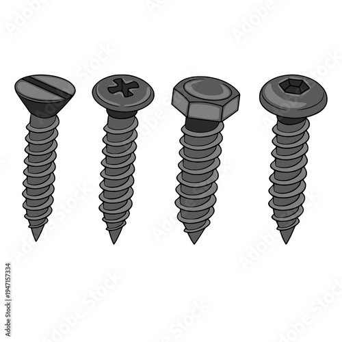 Set of four gray metal screws, isolated vector illustration