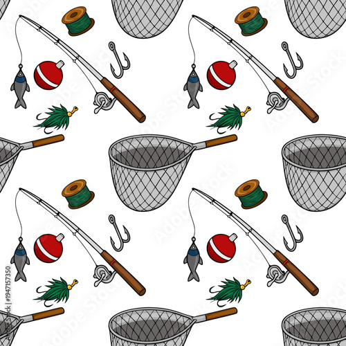 Seamless vector pattern of fishing gear, including rods, nets, hooks, and lures, on a white background.