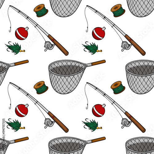 Seamless vector pattern of fishing gear with fishing rods, nets, tackle, and bait