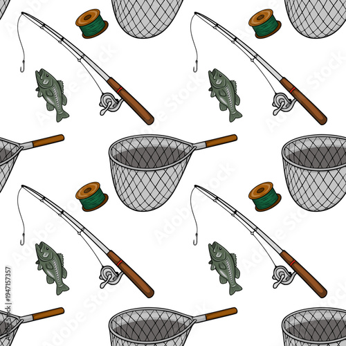 Seamless vector pattern of fishing gear, including a rod, reel, spool of line, fish, and net, on a white background.