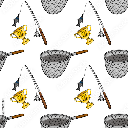 Seamless vector pattern of fishing gear and "Best Dad" trophy illustration