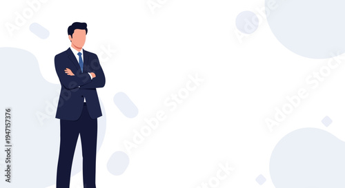 Confident businessman in suit with arms crossed, minimalist background with abstract shapes