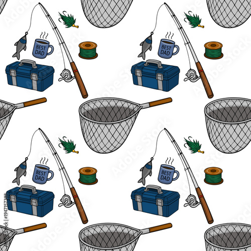 Seamless fishing pattern vector with best dad mug, tackle box, and net