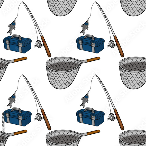 Seamless vector pattern of fishing gear, including a rod with a caught fish, a tackle box, and a net, on a white background.