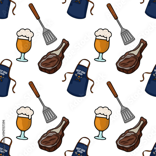 Seamless Father's Day BBQ vector pattern with steaks, beer, aprons, and spatulas