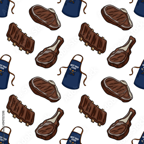 Seamless vector pattern of grilled steaks and ribs with "Best Dad Ever" aprons