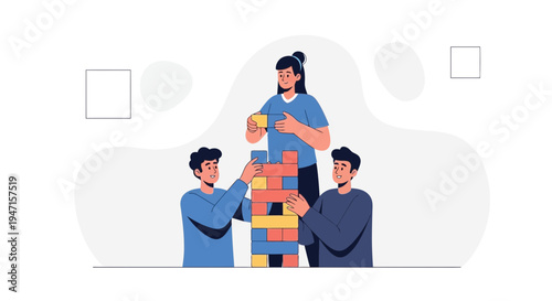 Teamwork building tower of blocks, collaboration, strategy, success, business concept illustration