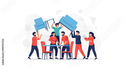 Teamwork Moving Furniture: People Carrying Sofa and Chairs in a Room