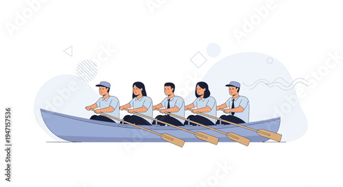 Teamwork rowing boat, business people working together, unity, collaboration, success