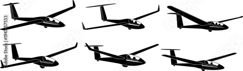 Glider aircraft silhouette illustration, aviation design collection, aerodynamics study, educational flight comparison artwork