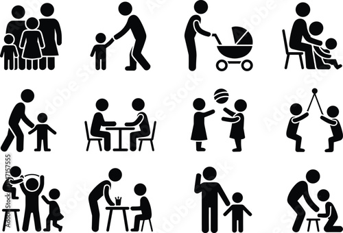 Family Activities Icons Depicting Parents And Children Together baby stroller