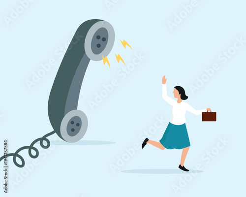 Customer complaint, Customer complaint and support service concept, Woman avoiding a ringing phone call. Dissatisfaction from product or service problem, angry feedback from client concept.