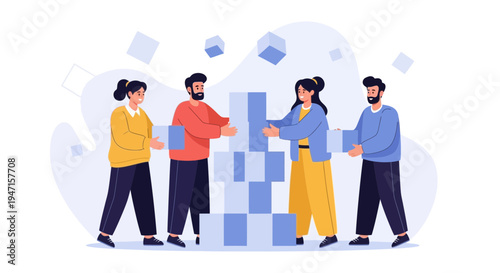 Teamwork building blocks, collaboration, people working together, strategy, success