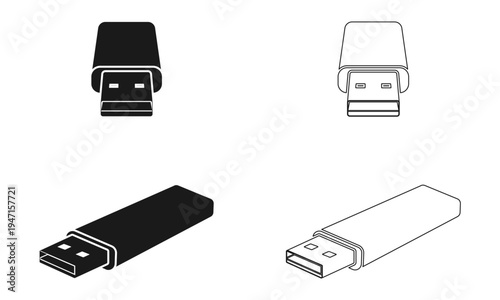 usb flash drive icon set, side view and front view, vector illustration isolated on white background.