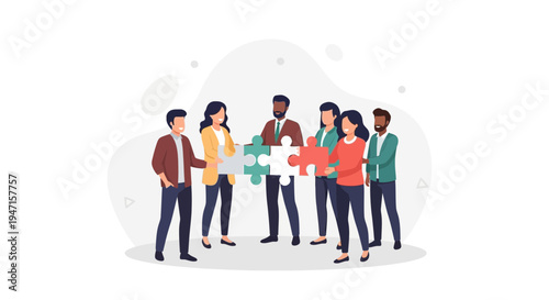 Diverse team assembling jigsaw puzzle, symbolizing collaboration and teamwork in business