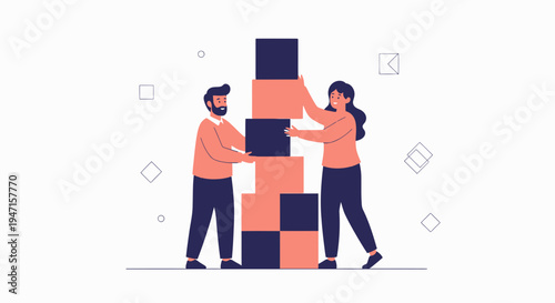Teamwork building blocks, people collaborating to construct a tower, success concept illustration