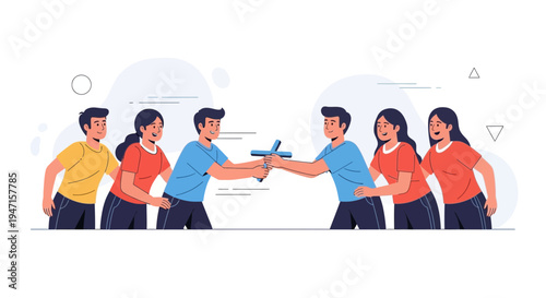 Teamwork Relay Race: Passing a baton between two groups of friends, symbolizing cooperation