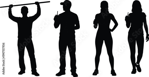 Black vector silhouettes of diverse people in various poses including a man holding a bar, people drinking, and walking, for graphic design.