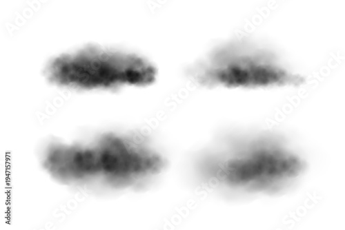 Smoke cloud set with black and gray fog shapes on white background. Realistic vapor texture with different opacity and diffusion levels. Transparent soft atmospheric vector illustration