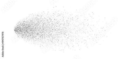 Spray splatter background with dense black particles fading into scattered dots on white. Dynamic dispersion effect of aerosol flow. Minimal vector illustration with clean monochrome style