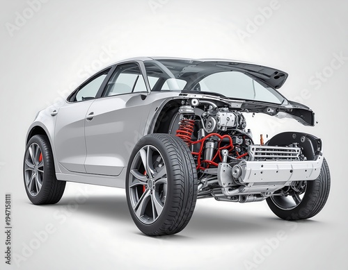 Cutaway of a car showing engine, suspension, and partial body, painted silver, set against a white background